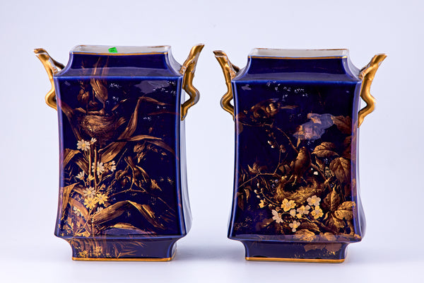 Pair of Limoges Cobalt Blue & Raised gold porcelain vases with floral motifs