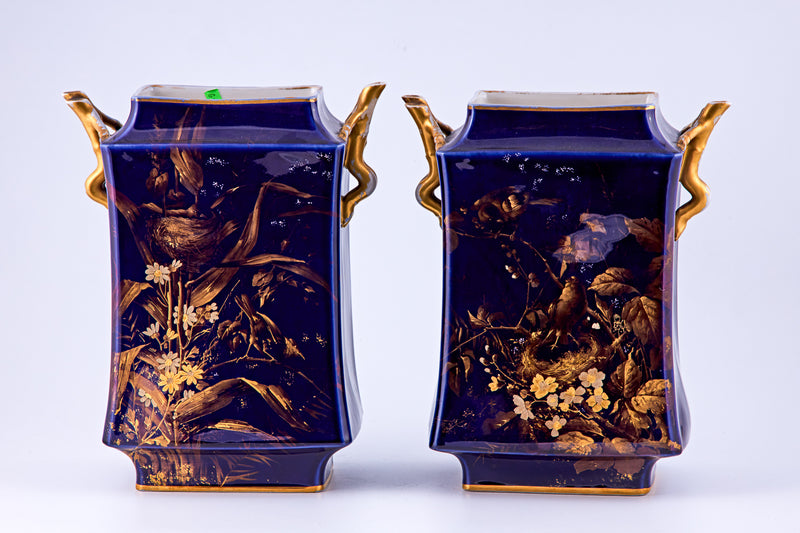 Pair of Limoges Cobalt Blue & Raised gold porcelain vases with floral motifs