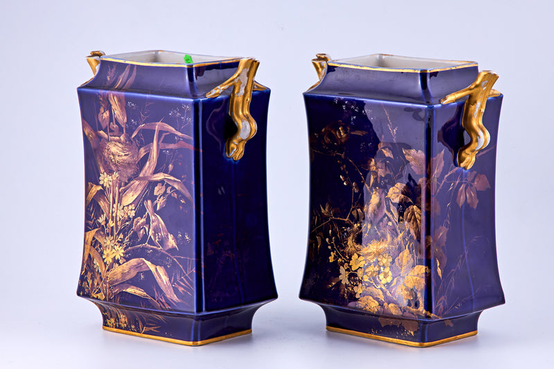 Pair of Limoges Cobalt Blue & Raised gold porcelain vases with floral motifs