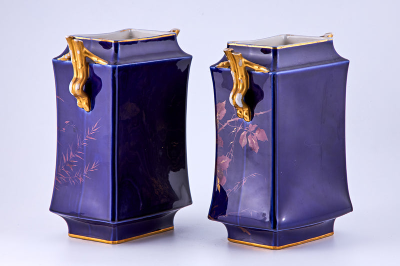 Pair of Limoges Cobalt Blue & Raised gold porcelain vases with floral motifs