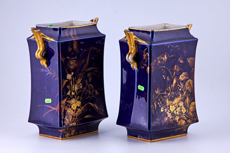 Pair of Limoges Cobalt Blue & Raised gold porcelain vases with floral motifs