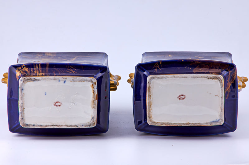 Pair of Limoges Cobalt Blue & Raised gold porcelain vases with floral motifs