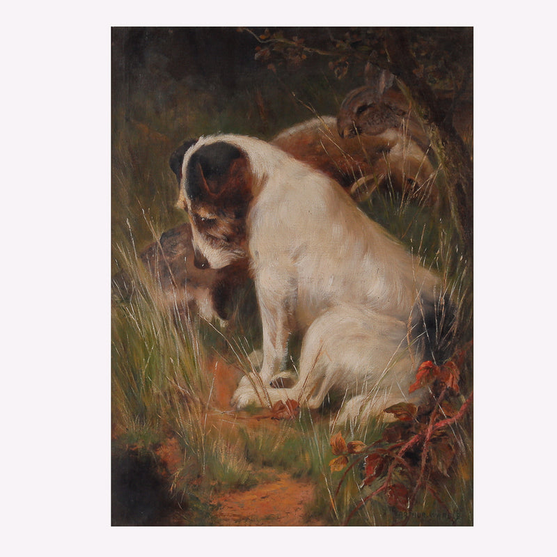 Painting with animalistic scene with a puppy and forest animals
