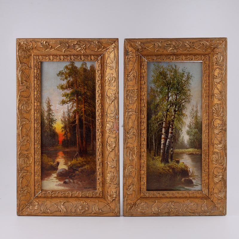 Pair of interior landscape paintings with motifs of forest and creek.