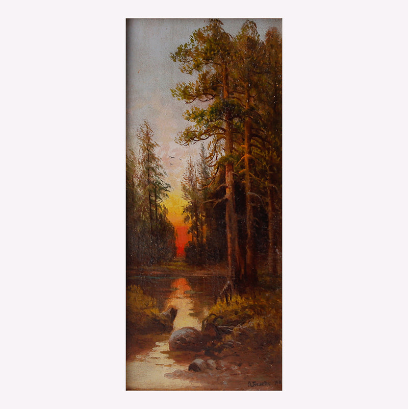 Pair of interior landscape paintings with motifs of forest and creek.