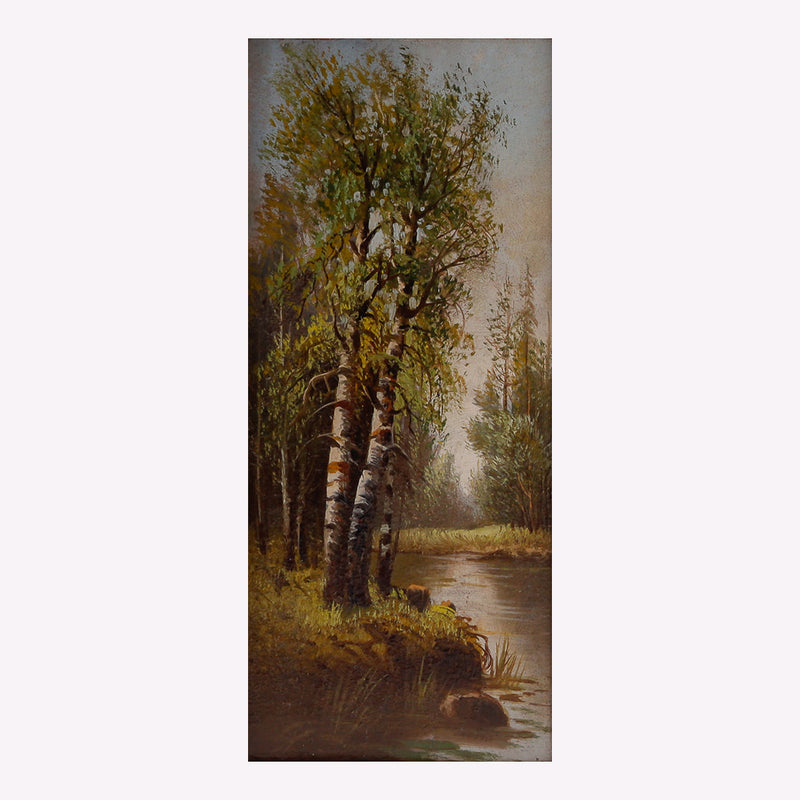 Pair of interior landscape paintings with motifs of forest and creek.