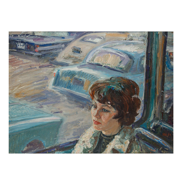 Painting of a lady on a bus