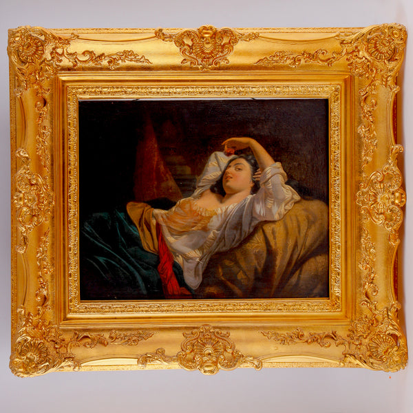 描繪一位穿著睡衣的女士的浪漫主義繪畫