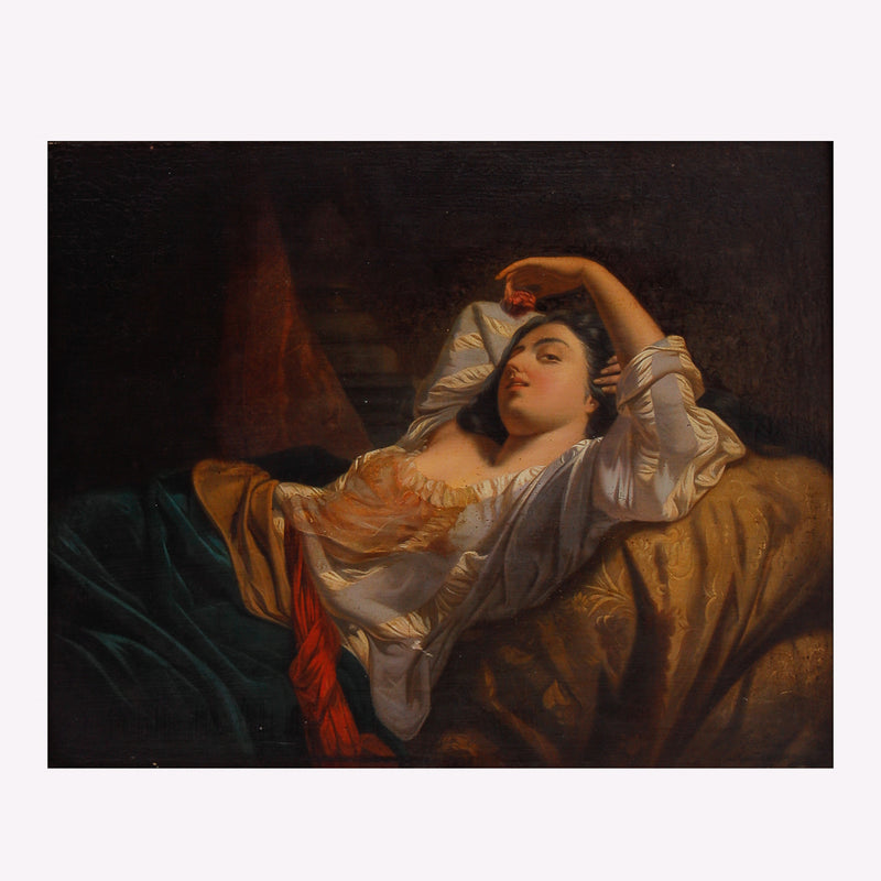 Romantical painting depicting a lady in a nightgown