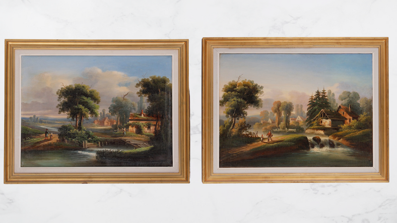 Pair of rural scenary paintings in gold plated frames