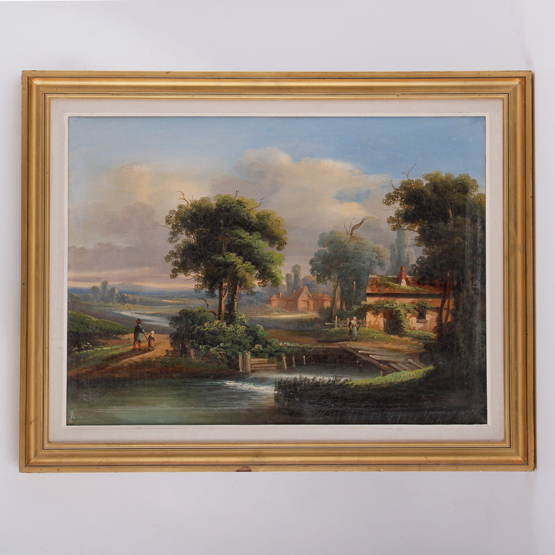 Pair of rural scenary paintings in gold plated frames