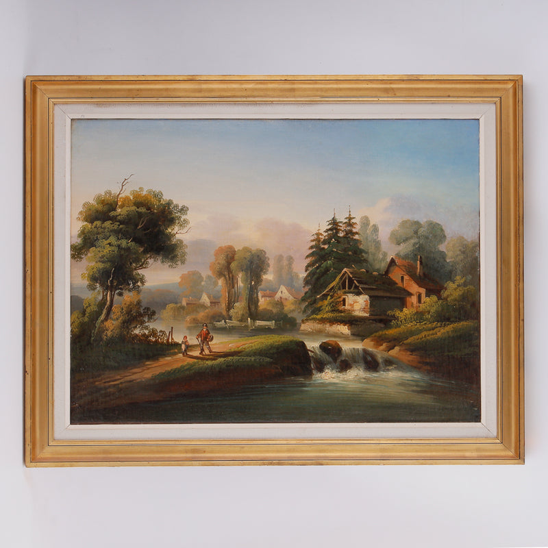 Pair of rural scenary paintings in gold plated frames