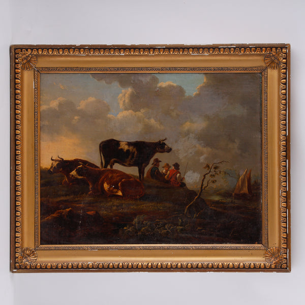 La pintura al óleo sobre lienzo de género holandés presenta una escena bucólica de vacas y pastores.