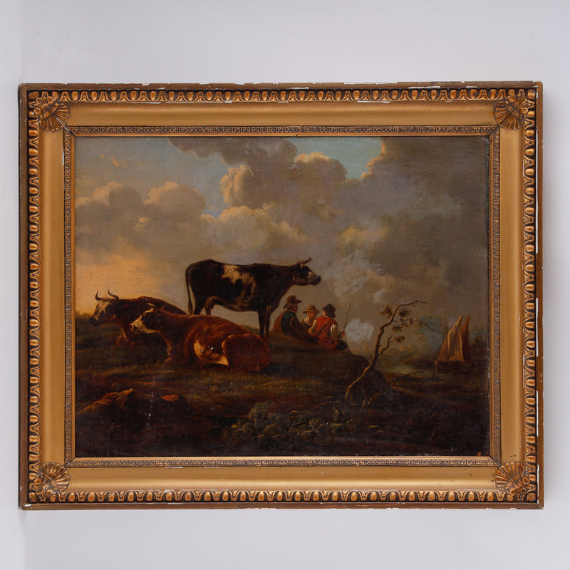 Dutch genre oil on canvas painting features a bucolic scene of cows and shepherds