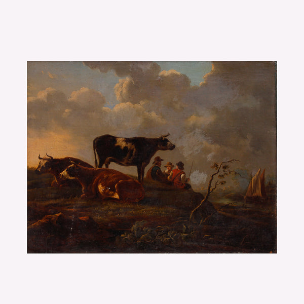 La pintura al óleo sobre lienzo de género holandés presenta una escena bucólica de vacas y pastores.