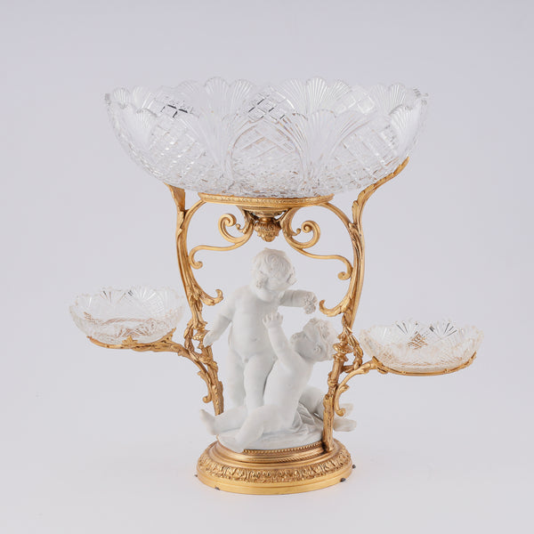 Large crystal desert centrepiece with group of bisque porcelain putti