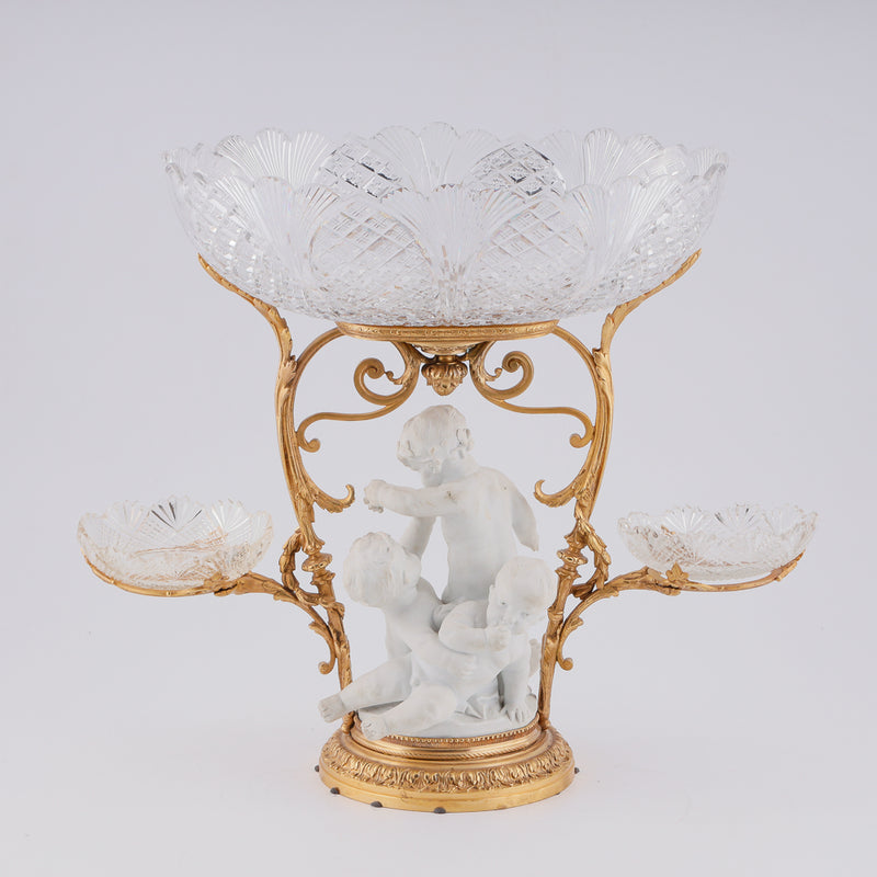 Large crystal desert centrepiece with group of bisque porcelain putti