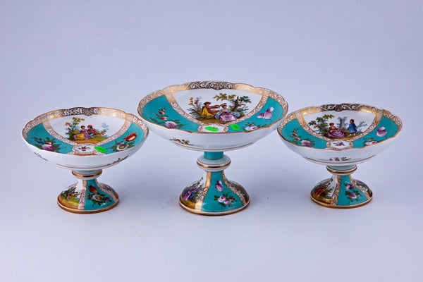 Set of three “Dresden” hand painted procelain decorative dessert trays