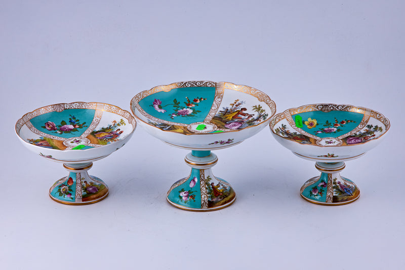 Set of three “Dresden” hand painted procelain decorative dessert trays