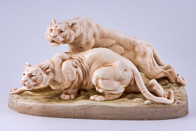 Porcelain minimalist sculpture of two tigers