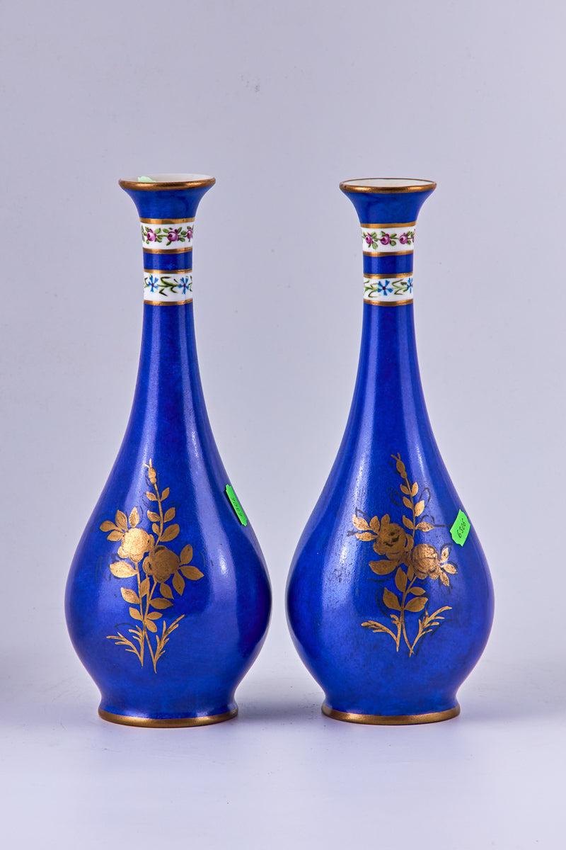 Pair of antique Limoges Cobalt blue - hand painted porcelain vases