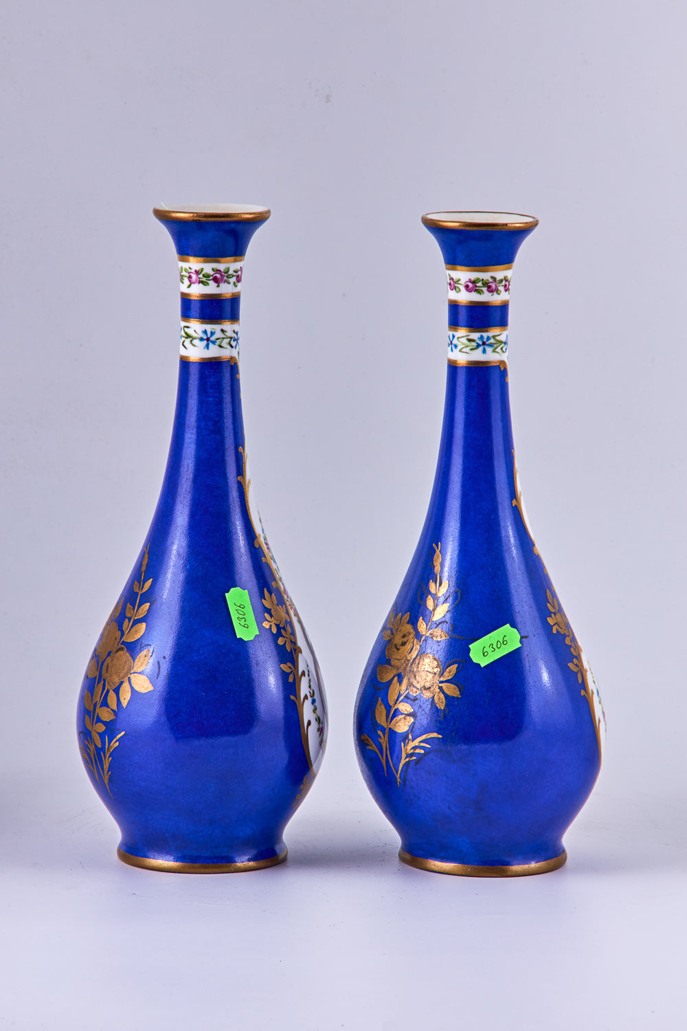 Pair of antique Limoges Cobalt blue - hand painted porcelain vases