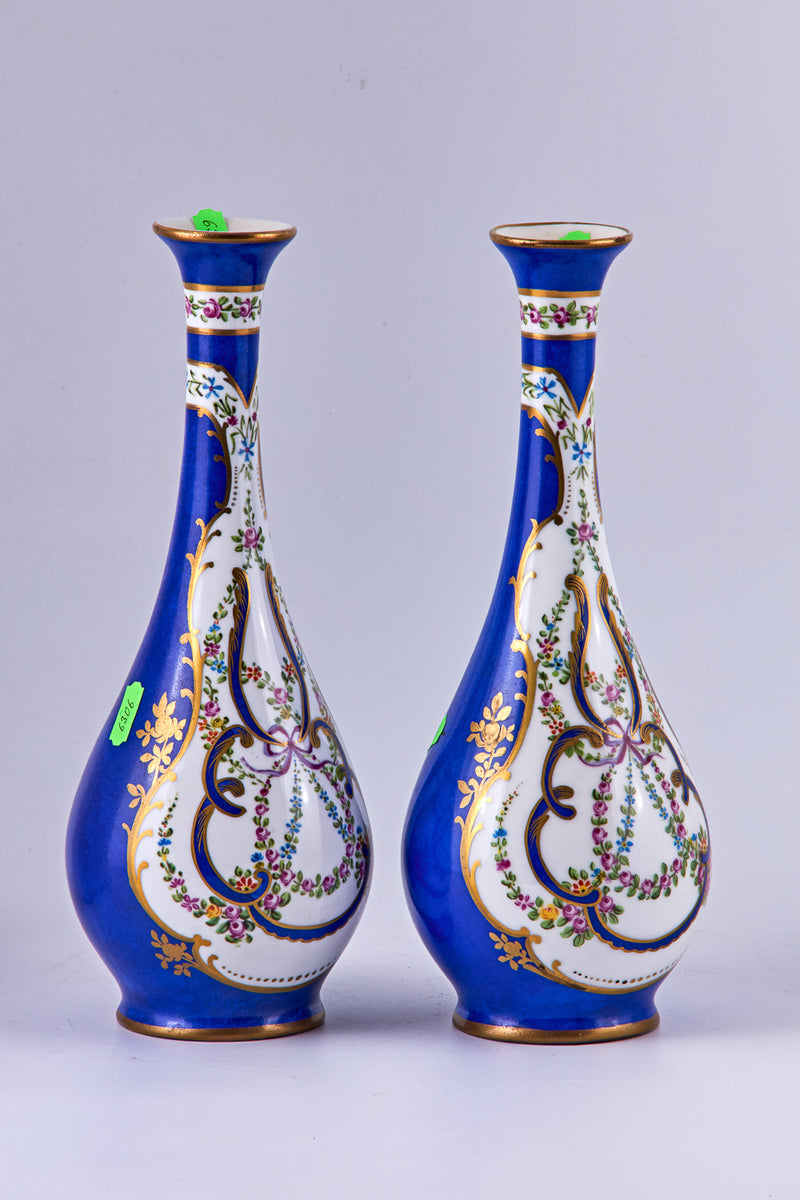 Pair of antique Limoges Cobalt blue - hand painted porcelain vases