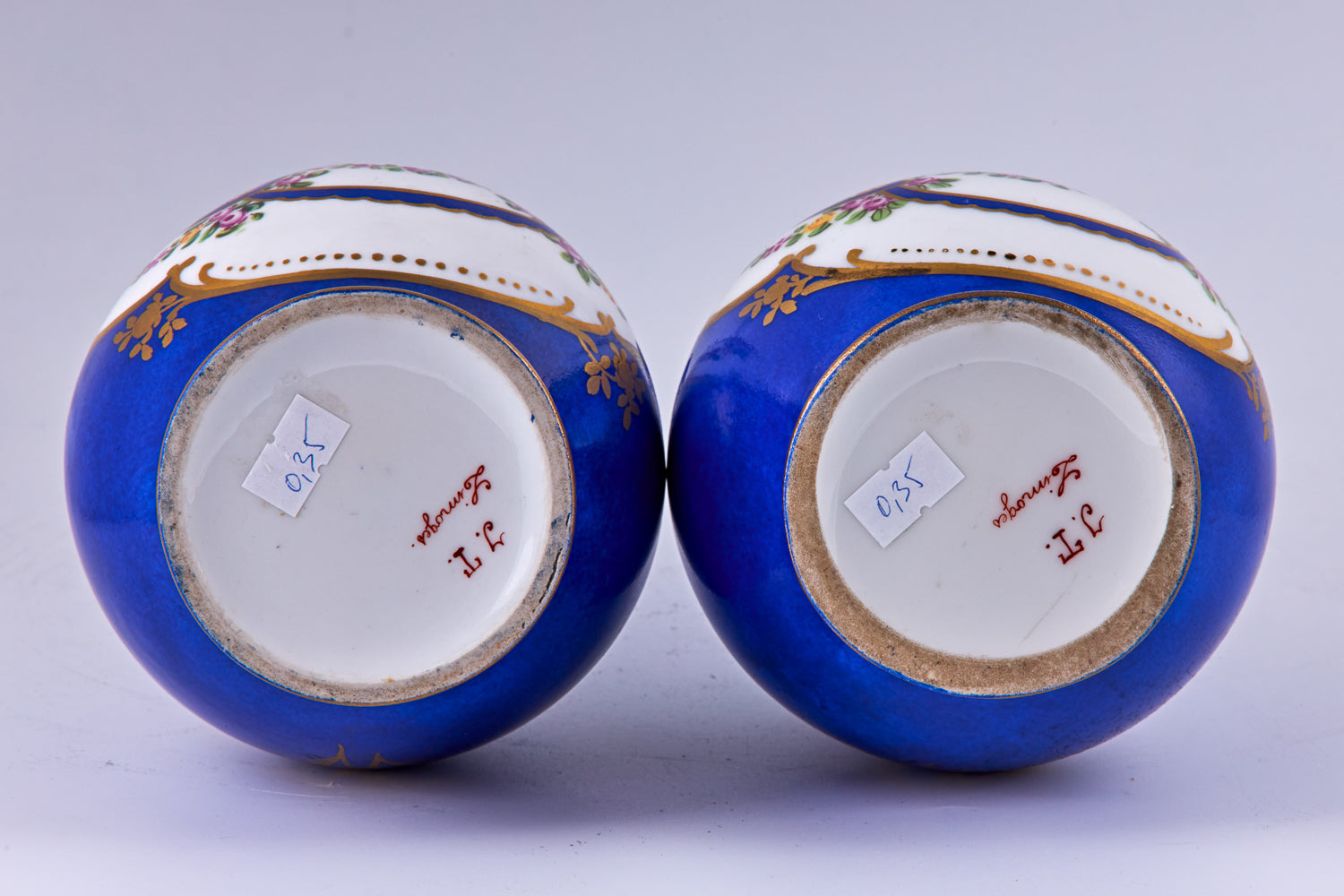 Pair of antique Limoges Cobalt blue - hand painted porcelain vases