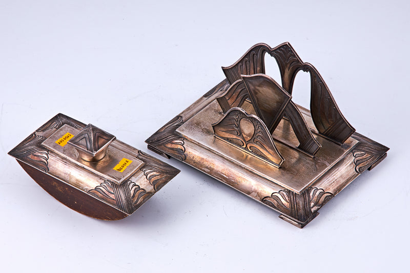 Art Deco wooden and Silver (assay 875) postal products, a letter holder, and an ink blotter