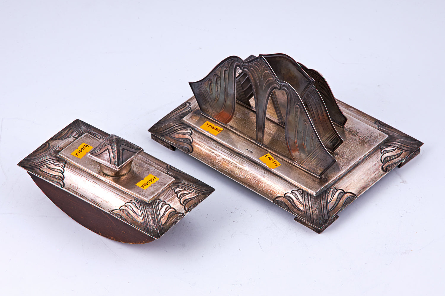 Art Deco wooden and Silver (assay 875) postal products, a letter holder, and an ink blotter