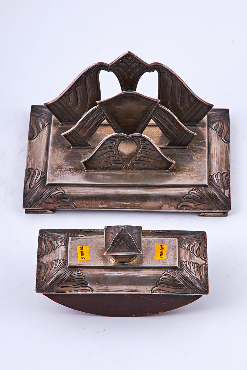 Art Deco wooden and Silver (assay 875) postal products, a letter holder, and an ink blotter