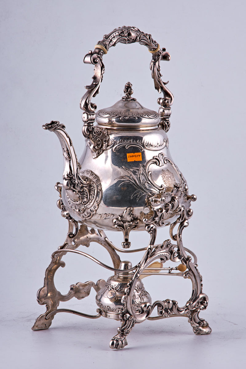 Antique silver water kettle with Austro-Hungarian hallmarks for silver 800 and Makers mark BF