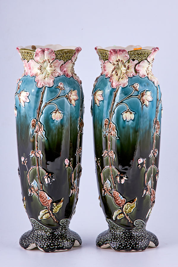 Pair of antique hand-painted relief modeled Majolica art Nouveau Poppy vases