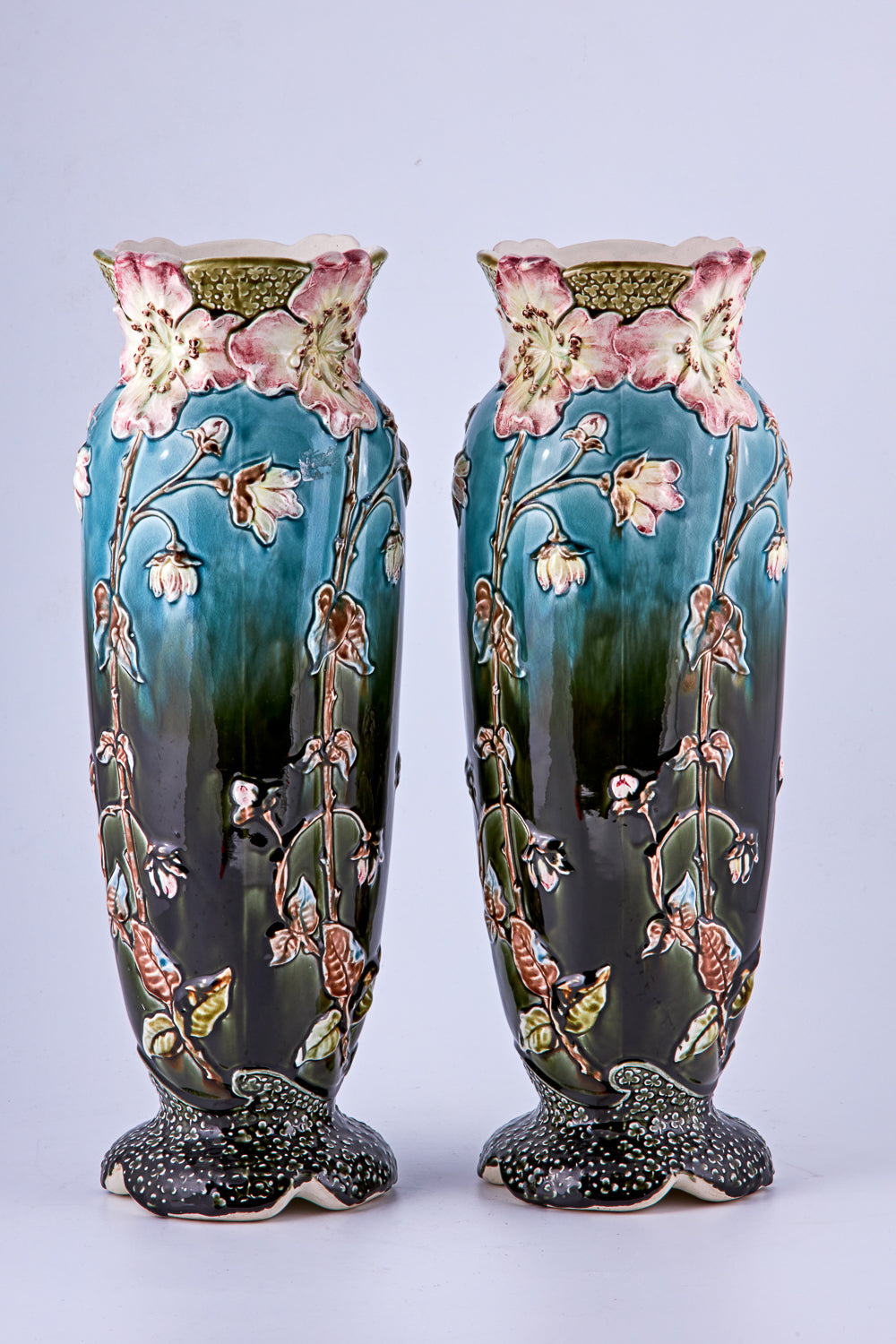 Pair of antique hand-painted relief modeled Majolica art Nouveau Poppy vases