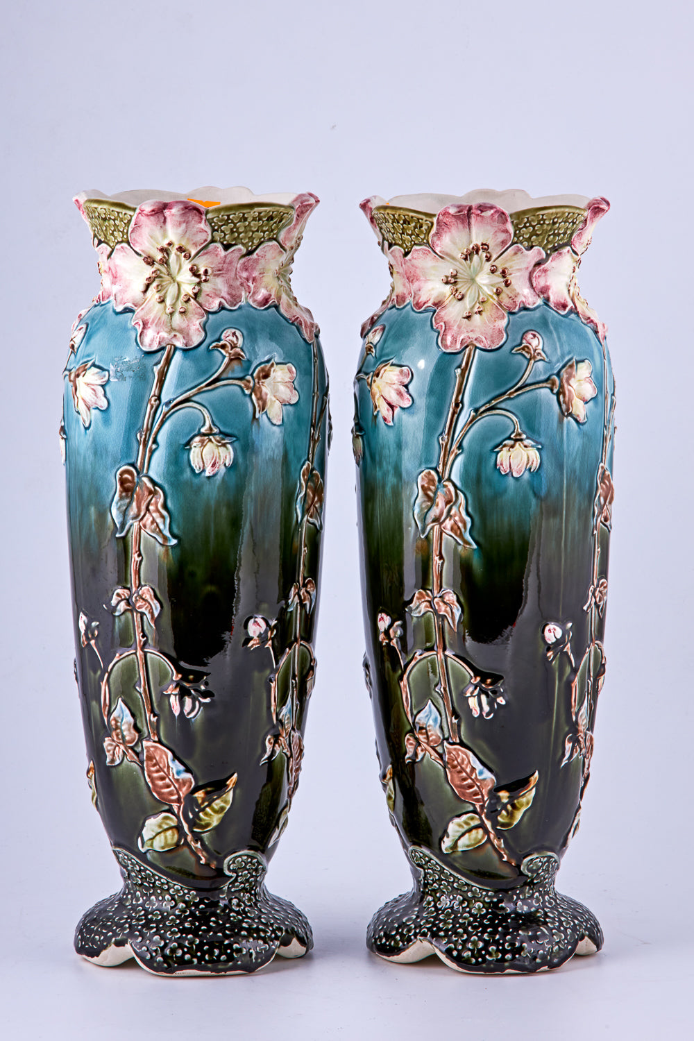 Pair of antique hand-painted relief modeled Majolica art Nouveau Poppy vases