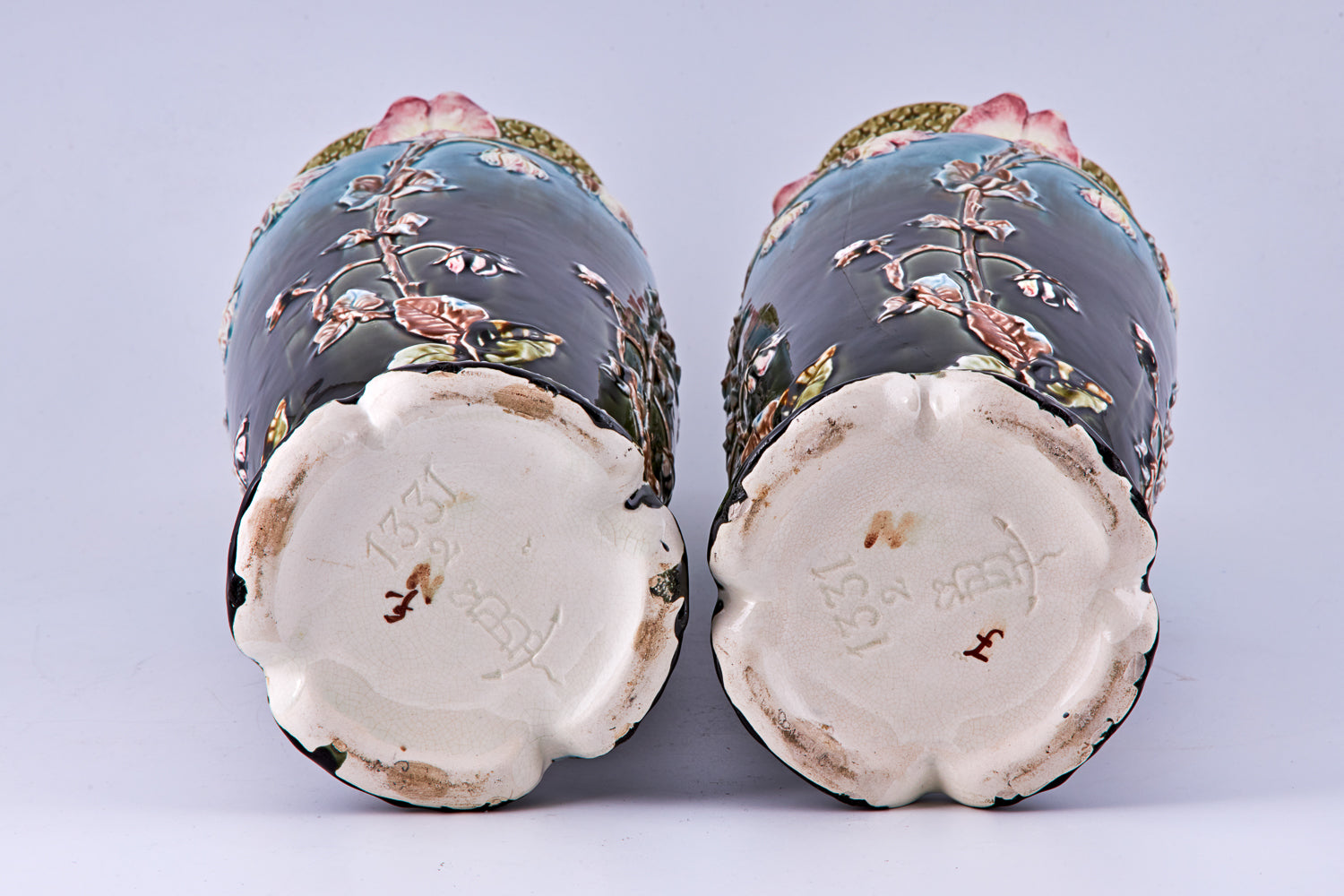 Pair of antique hand-painted relief modeled Majolica art Nouveau Poppy vases