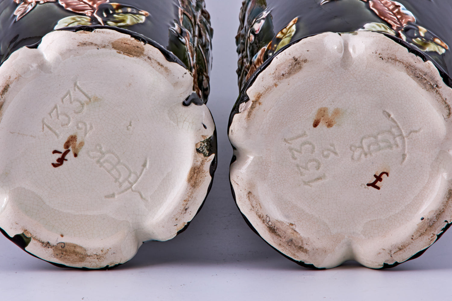 Pair of antique hand-painted relief modeled Majolica art Nouveau Poppy vases