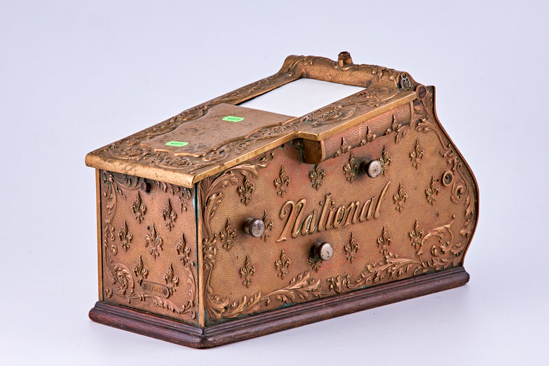 Antique portable brass cash register signed “The national cash register PAYTON O. U.S.A.” by “National”