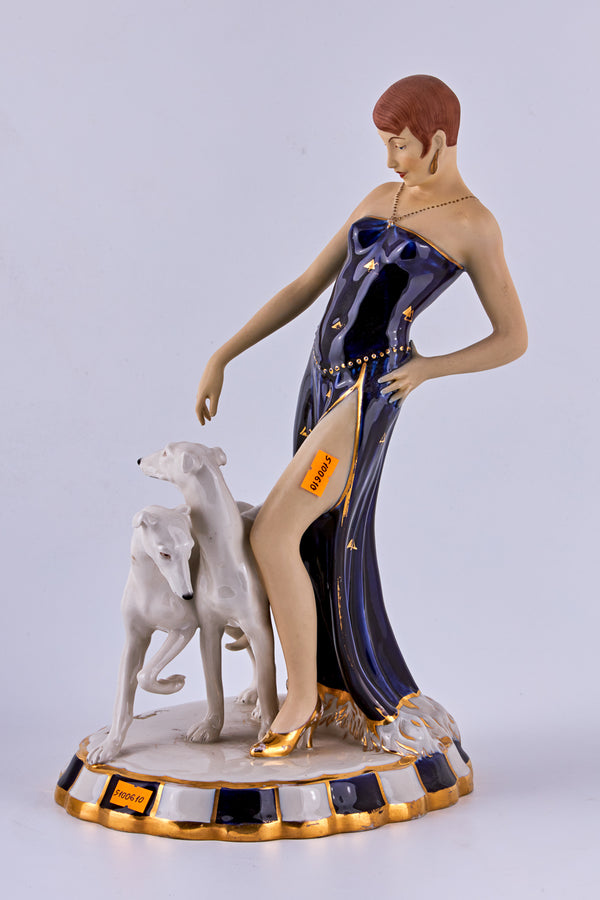 Porcelain Figurine of a “Flapper with two Borzoi dogs”