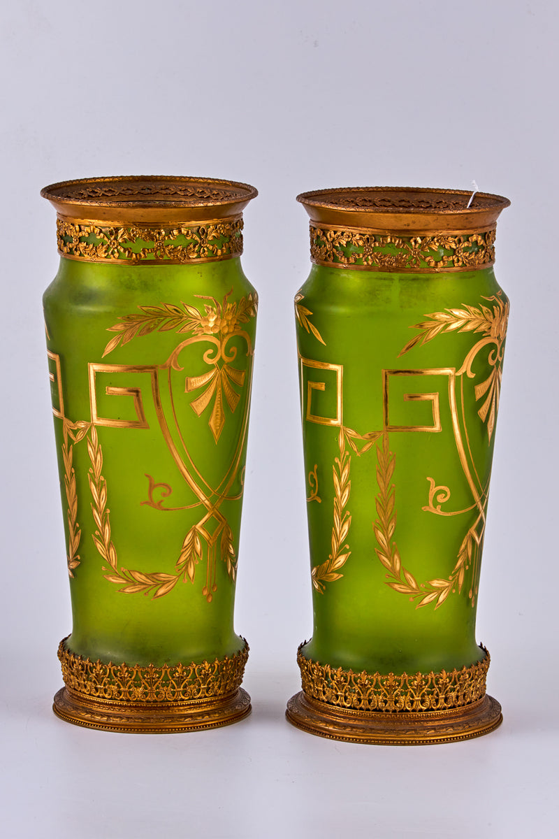 Pair of brass and mounted matted glass vases
