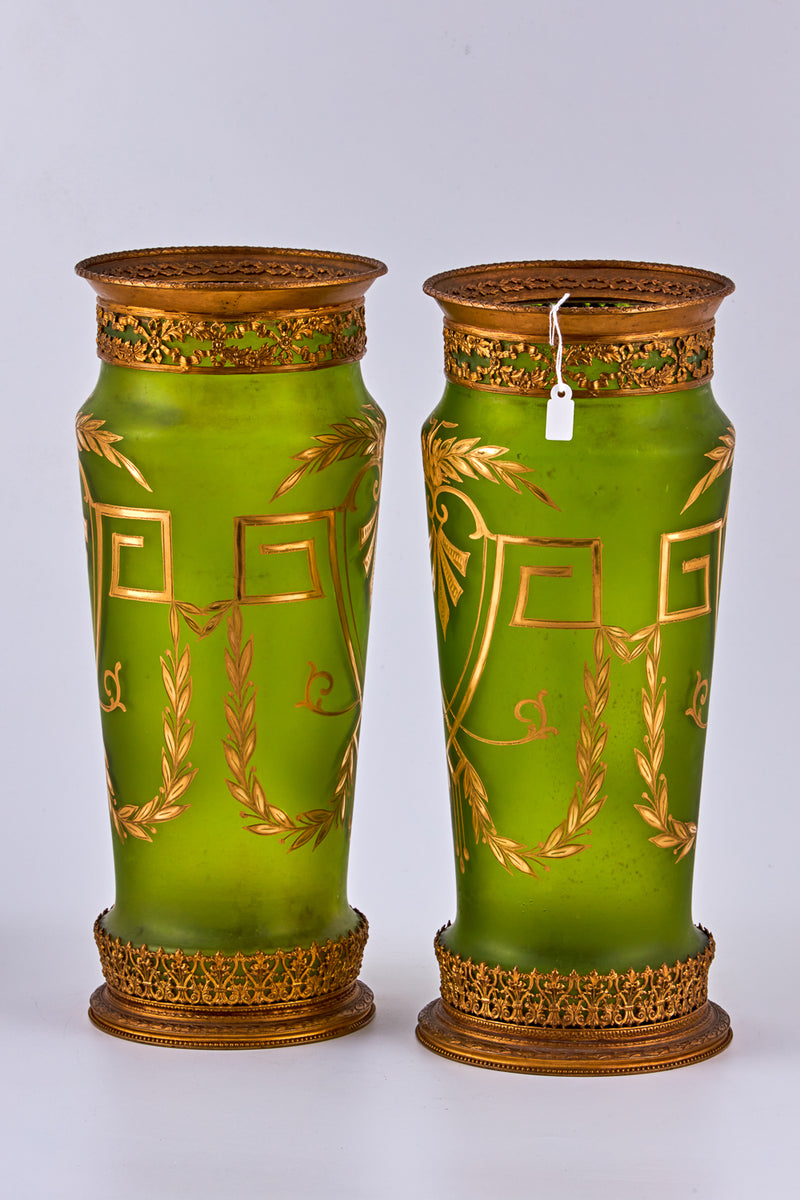 Pair of brass and mounted matted glass vases