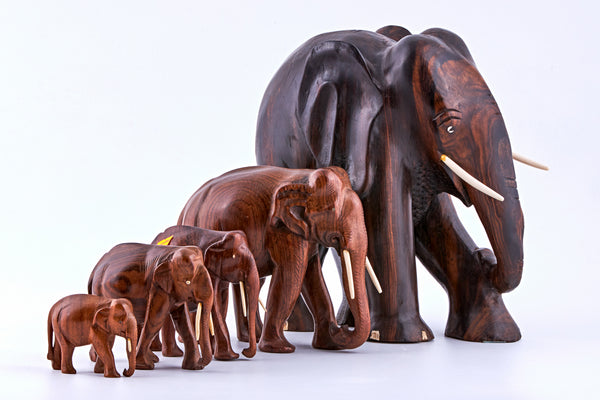 Conjunto vintage de cinco elefantes de madera con colmillos de marfil.