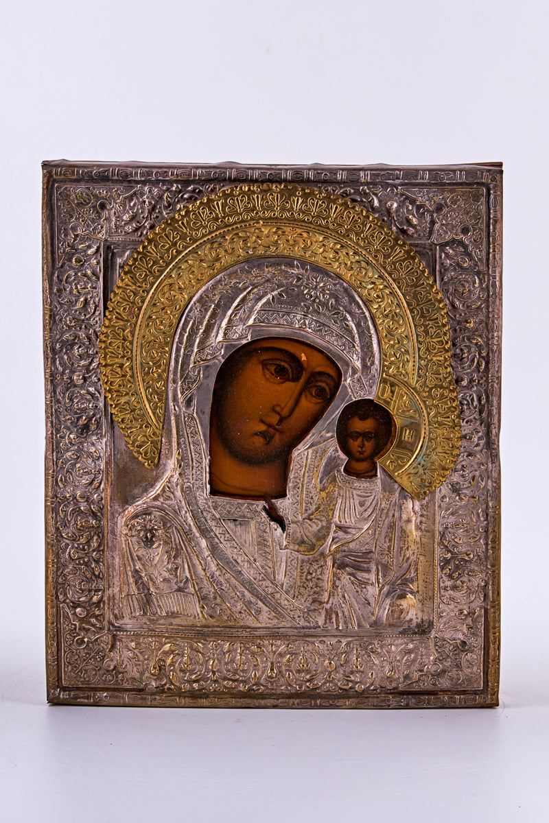 Icon on wood depicting “Our Lady of Kazan”  in Cyrillic