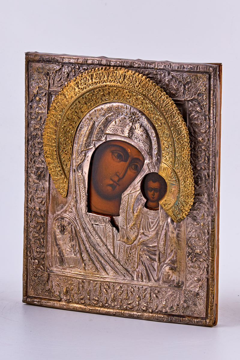 Icon on wood depicting “Our Lady of Kazan”  in Cyrillic