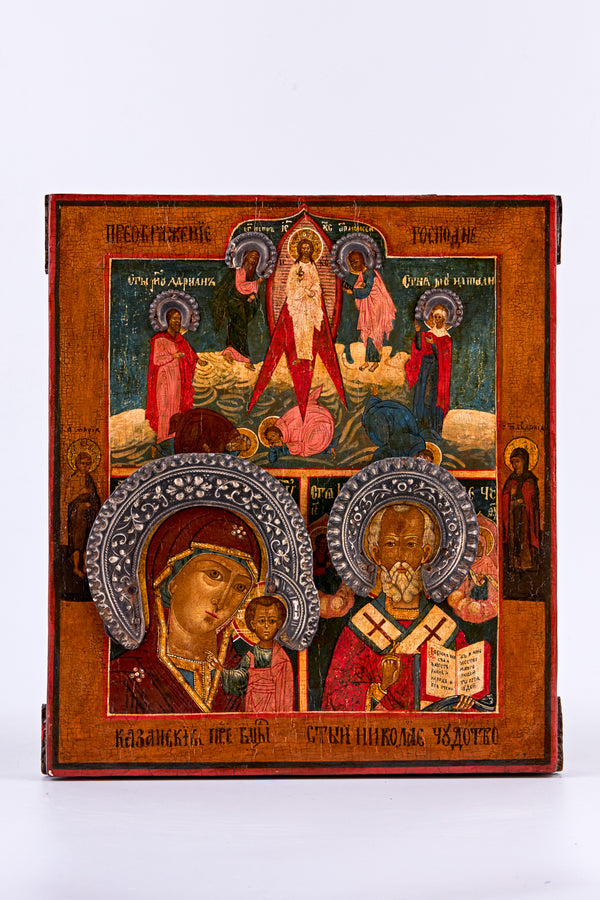 Icono de tres motivos sobre madera de abedul con coronas de plata sobre cabezas de Santos