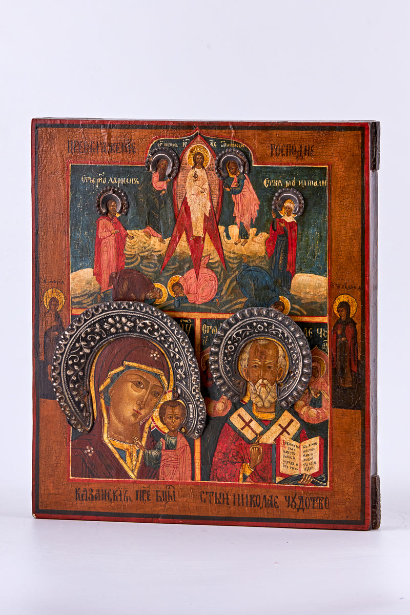 Icon with three motifs on birch wood with silver crowns on heads of Saints