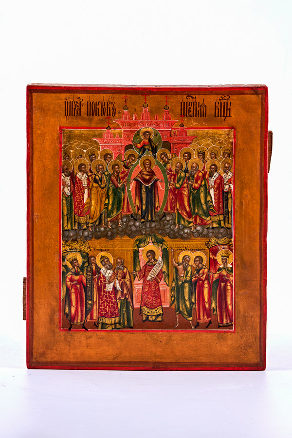 Icon on birch wood depicting “The intercession of the Theotokos”