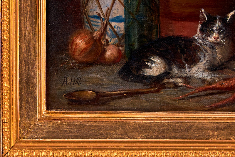 Pintura al óleo sobre lienzo que representa "Naturaleza muerta con un gato"