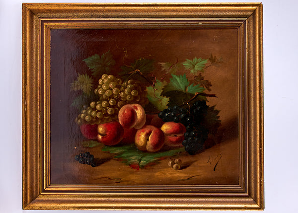 Oil painting on canvas ”Still life with peaches and grapes”