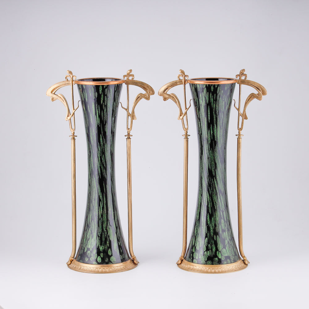 Pair of Jugendstyle vases with floral motifs and  bronze framework